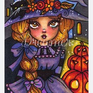 Whimsical Purple Witch Diamond Art Print with Orange Pumpkins